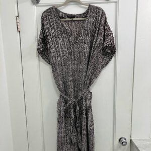 Patterned Midi Dress with Waist Tie